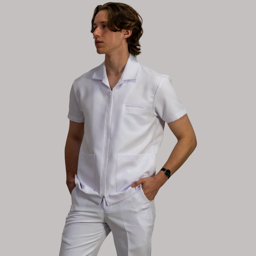 Filipina Hombre Blanca cuello sport con cierre Pure White antifluido