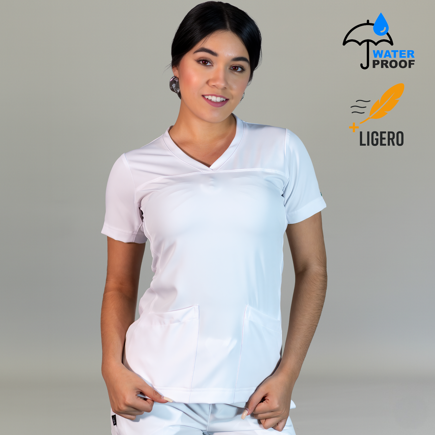 Filipina quirúrgica blanca FW 515 para mujer, manga corta y cuello en V, tela ligera antifluido