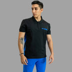 Men’s black 930 scrub top with Royal Blue side panels, short sleeves and modern professional fit.