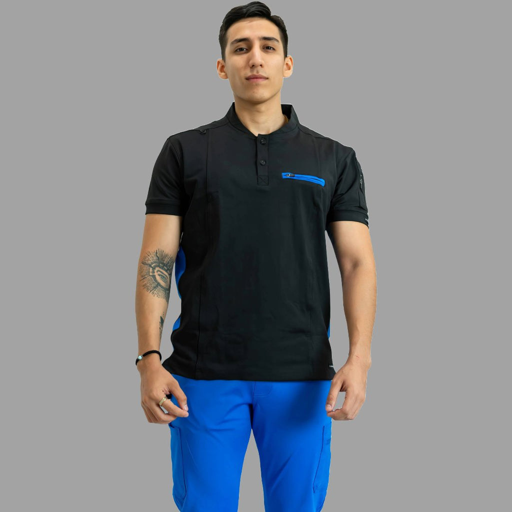 Front view of Men’s Black / Royal Blue 930 scrub top paired with Royal Blue scrub pants.