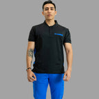 Front view of Men’s Black / Royal Blue 930 scrub top paired with Royal Blue scrub pants.
