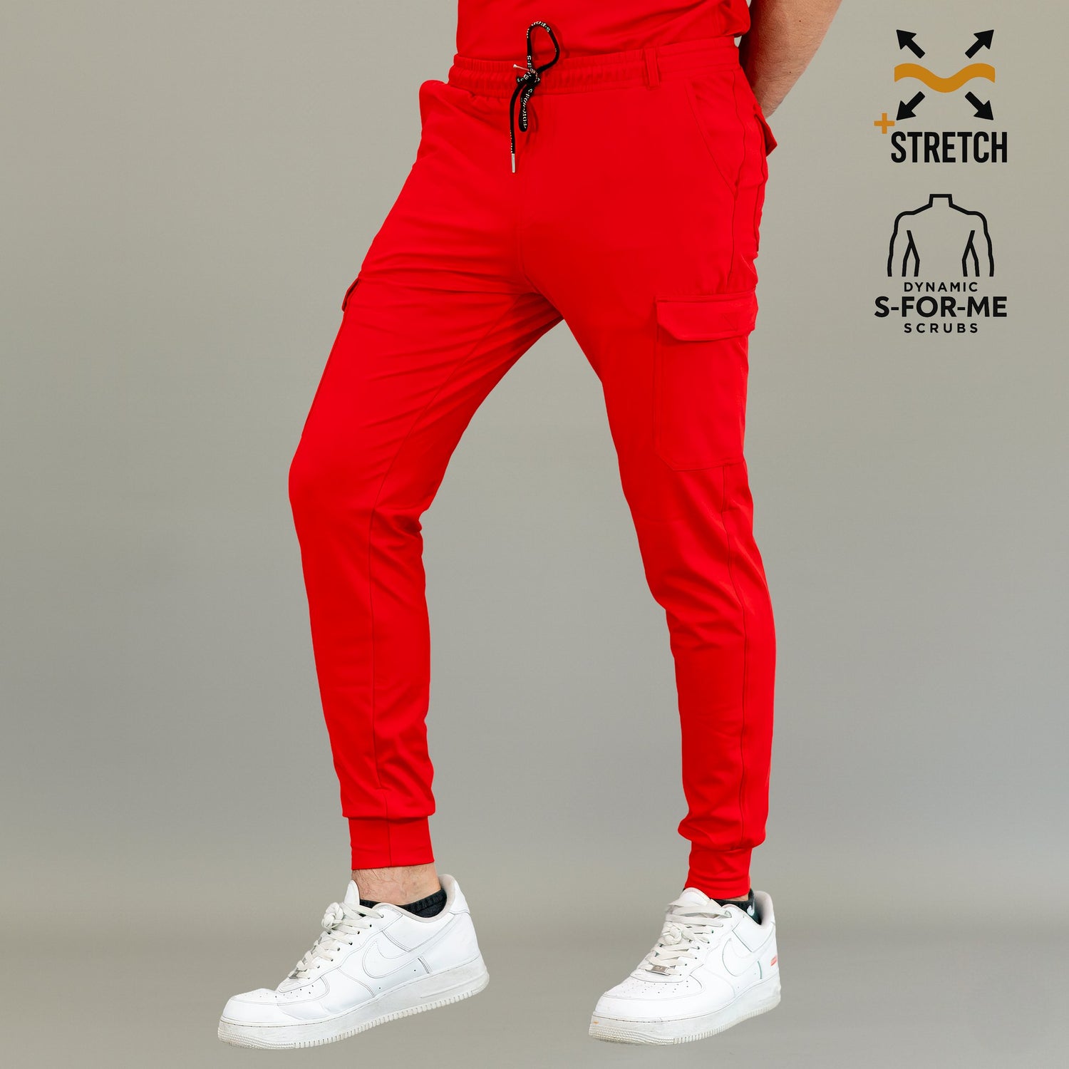 Jogger quirúrgico rojo para hombre — bolsillo cargo lateral y ajuste flexible