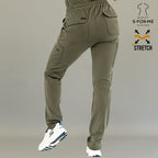 Women’s Olive Green jogger scrub pants side view with tapered fit