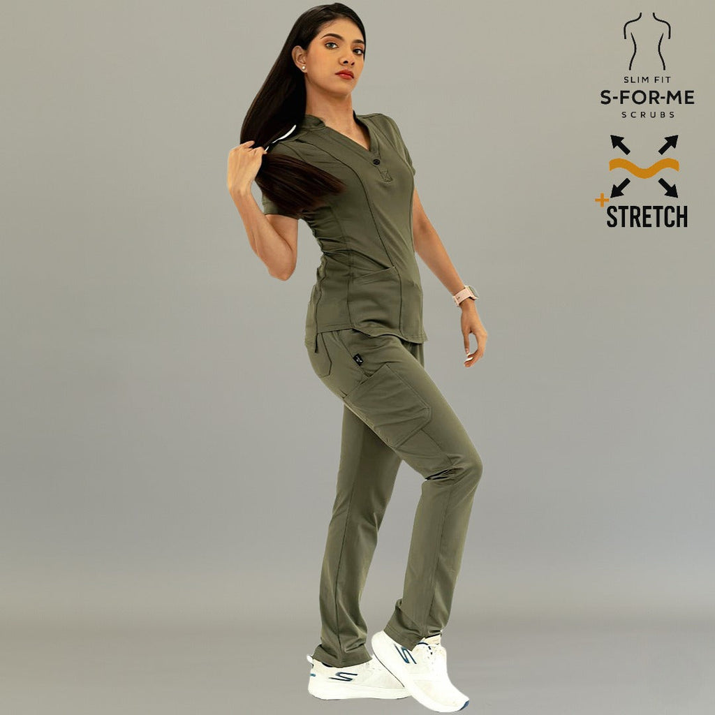 Women’s 930 Olive Green jogger scrub pants paired with healthcare uniform top