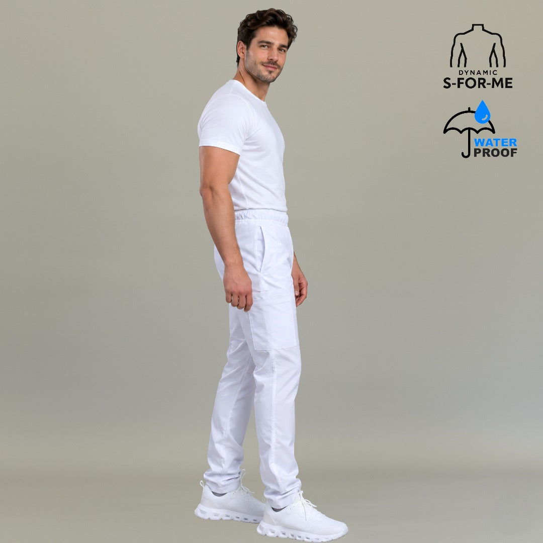 Vista lateral del pantalón clínico Alviero blanco para hombre; gráficos Dynamic S-FOR-ME y Water Proof.
