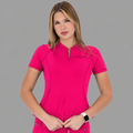 Filipina quirúrgica mujer 920 rosa fucsia super stretch — vista frontal superior con cremallera y bolsillo welt